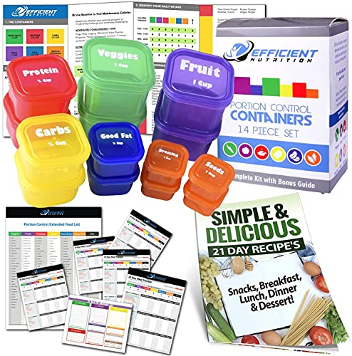 Efficient Nutrition Portion Control Containers DELUXE Kit (14-Piece) with COMPLETE GUIDE + 21 DAY PLANNER + RE