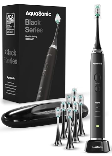 Aquasonic Black Series Ultra Whitening Toothbrush – ADA Accepted Electric Toothbrush- 8 Brush Heads & Travel C